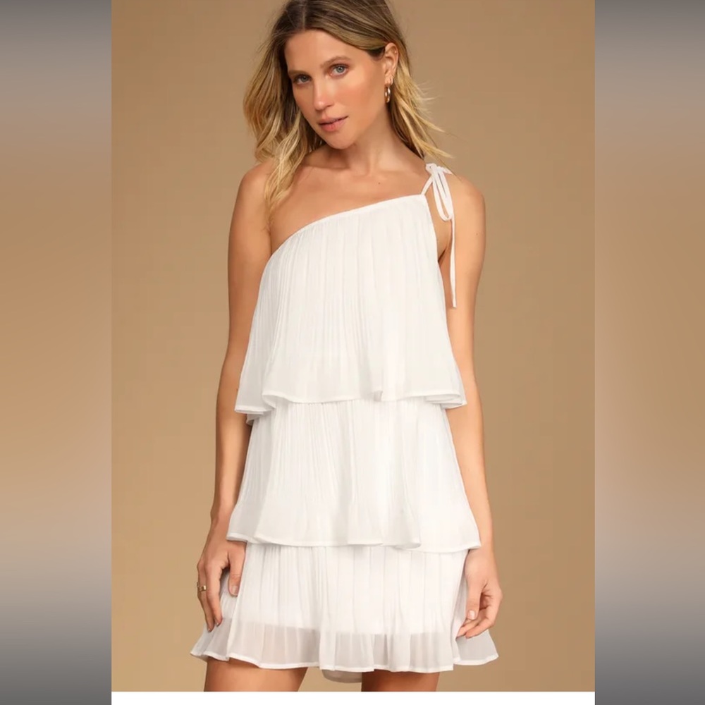 Lulus Blowing Kiss White Pleated one-shoulder mini dress -NWT